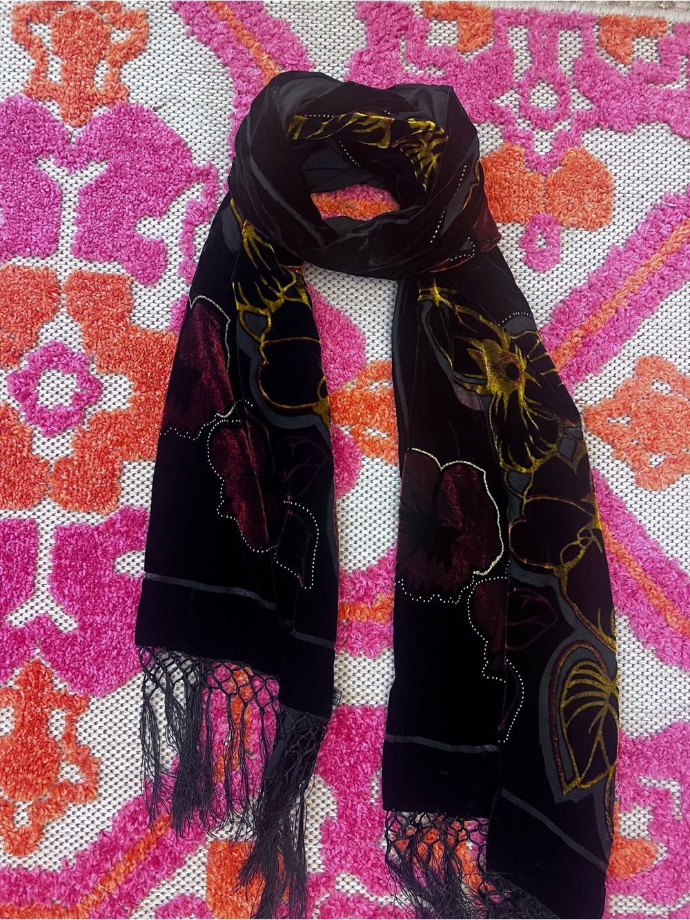 Velvet & sheer burnout scarf y2k 90sBlack Floral Velvet Fringe Scarf - formal